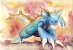  blue claws female fire horn nidoqueen night_owl nintendo painting pok&#233;mon pok&eacute;mon red_eyes solo spikes tail traditional_media video_games watercolor_(art) watercolour 