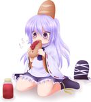  blush bread eating food food_on_head hat hat_removed headwear_removed jam japanese_clothes mochi_ice mononobe_no_futo object_on_head purple_eyes silver_hair sitting solo tate_eboshi touhou wariza 
