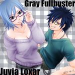  1girl adjusting_eyewear bespectacled blue_hair casual character_name contemporary fairy_tail glasses gray_fullbuster grin jewelry juvia_lockser natto-mochi necklace purple-framed_eyewear shorts smile sweater 