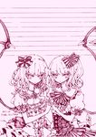  2girls ascot bow brooch dated embellished_costume expressionless eyelashes flandre_scarlet frills hair_bow holding_hands interlocked_fingers jewelry lace miri_(tobira_no_mukou) monochrome multiple_girls no_hat no_headwear no_nose puffy_sleeves remilia_scarlet short_hair short_sleeves siblings side_ponytail signature sisters touhou traditional_media wings 