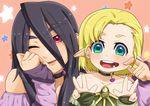  2girls annoyed blonde_hair cheek_pinch cheek_pinching child collar green_eyes happy long_hair multiple_girls off_shoulder open_mouth original pinching pointy_ears purple_hair red_eyes short_hair smile takao_(yuuki_maya) v wink yuuki_maya 