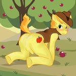  anthrofied anus apple apple_tree balls blush bottomless braeburn_(mlp) butt clothed clothing cowboy_hat cutie_mark equine erection friendship_is_magic fruit green_eyes half-dressed hat horse looking_at_viewer male mammal mane my_little_pony penis pony presenting presenting_hindquarters solo tail tree wood 