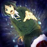  bad_id bad_pixiv_id black_hair dutch_angle fate/zero fate_(series) gradient_hair green_eyes green_hair haruto_(artist) male_focus multicolored_hair necktie outstretched_hand solo tears waver_velvet 