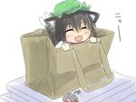  &gt;_&lt; :d animal_ears bag blush cat_ears cat_paws cat_tail chen child closed_eyes fang highres in_bag in_container nyan omi_(rinse4416) open_mouth paws smile solo tail touhou translated xd 