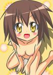  absurdres blush breasts brown_hair fang highres kusakabe_misao lucky_star nipples nude open_mouth satoda_shouji yellow_eyes 