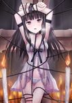  arm_strap arms_up babydoll bangs bdsm black_hair bondage bound breath candle chain chained collar collarbone cross eyebrows_visible_through_hair long_hair looking_at_viewer navel open_mouth original panties purple_babydoll red_eyes see-through shichouson solo tears underwear 