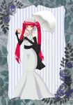  alternate_costume bare_shoulders black_gloves bleach dokugamine_riruka doughnut dress elbow_gloves food gloves halterneck hanako_(haruhina2000) hat holding jewelry long_dress long_hair necklace pearl_necklace red_eyes red_hair solo umbrella white_dress 