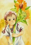  anne_of_green_gables anne_shirley braid child flower freckles green_eyes light_smile realistic shizenkaiki short_sleeves smile solo sunflower traditional_media twin_braids watercolor_(medium) 