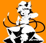  animal_ears bloomers cat_ears cat_tail chen eyebrows fingernails food fruit hat high_contrast looking_at_viewer monochrome multiple_tails mzh open_mouth orange_background short_hair skirt solo spot_color tail touhou underwear 