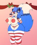  &lt;3 2018 anthro belly big_breasts big_butt blue_fur blue_hair breasts butt canine christmas clothed clothing eye_patch eyelashes eyewear female fox fur gift hair happy holidays holly_(plant) huge_breasts huge_butt lazuli_(doggod.va) legwear mammal midriff multicolored_fur navel nervous nude pink_eyes plant platform_footwear pole public public_nudity slightly_chubby solo standing stripes stunnerpony sweat thick_thighs thigh_highs thong toes underwear voluptuous white_fur wide_hips 