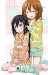  :d :o bad_id bad_pixiv_id blush casual closed_eyes hair_ornament hairclip heart heart_print hirasawa_yui hood hoodie k-on! kirisawa_saki kneehighs kneeling loungewear multiple_girls nakano_azusa open_mouth polka_dot round_teeth sitting sleepwear smile teeth wariza 