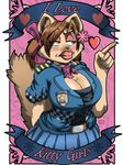  &lt;3 animal_ears anthro badge big_breasts breasts brown_hair cat cleavage clothed clothing feline female green_eyes hair holimount mammal police tail 