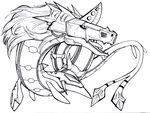  chibigingi digimon dragon fins helmet horn line_art male metalseadramon monochrome reptile scalie snake solo tongue 