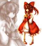  absurdres amanojaku ascot bad_id bad_pixiv_id blush bow brown_hair detached_sleeves hair_bow hair_tubes hakurei_reimu highres red_eyes ribbon shoes skirt smile solo touhou zoom_layer 