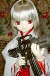  albino assault_rifle doll doll_joints female gun japanese_clothes kimono m4_carbine pale_skin photo red_eyes rifle smile solo weapon white_hair 