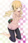  abe_kanari barefoot blonde_hair blush candy casual drill_hair face feet food gift hair_ornament highres hood hoodie kneeling leggings lollipop long_hair mahou_shoujo_madoka_magica object_behind_back one_eye_closed solo tomoe_mami tongue twin_drills twintails yellow_eyes 