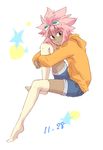  blush dark_skin full_body goggles hanada100 hood hoodie inazuma_eleven inazuma_eleven_(series) leg_hug long_hair male male_focus pink_hair red_eyes shorts sitting smile solo thighhighs tsunami_jousuke white_background white_legwear 