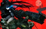  arm_cannon bikini_top black_hair black_rock_shooter black_rock_shooter_(character) blue_eyes boots burning_eye coat dead_master glowing highres long_hair midriff navel pale_skin red_background scar shorts silhouette skull solo sword tomono_rui twintails very_long_hair weapon 