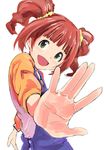  :d \||/ face foreshortening hands idolmaster idolmaster_(classic) issei long_hair open_mouth overalls red_hair smile solo takatsuki_yayoi twintails yellow_eyes 