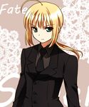  ahoge artoria_pendragon_(all) blonde_hair fate/zero fate_(series) formal green_eyes jewelry long_hair necklace ponytail saber solo suit yukito_mayumi 