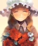  ^_^ bangs blunt_bangs bouquet brown_hair closed_eyes daisy facing_viewer flower hat long_hair mob_cap nou_(brain-m) original red_flower red_rose rose short_hair smile solo upper_body 