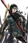  armor black_hair breasts dith_ytk dual_wielding fate/zero fate_(series) gae_buidhe gae_dearg genderswap genderswap_(mtf) gloves holding lancer_(fate/zero) large_breasts long_hair mole mole_under_eye polearm solo spear weapon yellow_eyes 