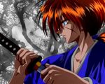  blue_eyes collarbone fingernails himura_kenshin japanese_clothes katana kimono long_hair male_focus ponytail profile red_hair rurouni_kenshin scar sheath solo sword tree unsheathing verter weapon 