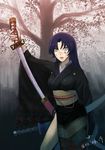  absurdres aqua_eyes black_hair blood blood_on_face bloody_weapon breasts dated highres japanese_clothes katana kimono lips long_hair medium_breasts obi original purple_hair sash sheath shuizhanglang side_slit signature solo sword tree unsheathing weapon 