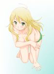  ahoge barefoot blonde_hair blush breasts green_eyes hoshii_miki idolmaster idolmaster_(classic) kesuida kneeling long_hair medium_breasts panties smile solo topless underwear 