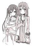  arm_hug bad_id bad_pixiv_id bag blush casual greyscale hair_ornament hairclip hand_in_pocket handbag highres hirasawa_yui jewelry k-on! kirisawa_saki monochrome multiple_girls nakano_azusa necklace sketch twintails 