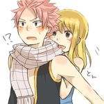  1boy 1girl :d blonde_hair blush couple erinan fairy_tail hetero lucy_heartfilia natsu_dragneel open_mouth pink_hair scarf smile surprised 