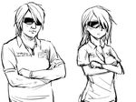  1girl breasts cleavage crossed_arms facial_hair gebyy-terar genderswap greyscale kubo_taito_(person) long_hair medium_breasts monochrome non-web_source polo_shirt real_life real_life_insert stubble sunglasses watch 