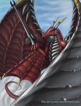  dragon examon green_eyes horn lance male red red_scales scalie solo tail the-art-junky weapon wings 