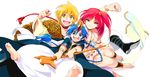  2boys aladdin_(magi) ali_baba_saluja ankle_cuffs anklet bad_id bad_pixiv_id barefoot blonde_hair blue_eyes blue_hair braid dalc_rose feet highres jewelry long_hair magi_the_labyrinth_of_magic morgiana multiple_boys one_side_up red_eyes red_hair short_hair simple_background soles staff turban white_background yellow_eyes 