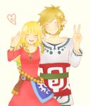  1girl blonde_hair bracelet couple earrings heart hetero highres jewelry karury link long_hair pointy_ears princess_zelda smile the_legend_of_zelda the_legend_of_zelda:_skyward_sword v 