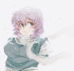  bad_id bad_pixiv_id blue_eyes breasts eyebrows iroyopon lavender_hair letty_whiterock medium_breasts plump scarf short_hair smile snow solo thick_eyebrows touhou white_scarf 