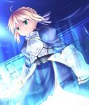  ahoge armor armored_dress artoria_pendragon_(all) blonde_hair dress dutch_angle fate/stay_night fate_(series) gauntlets glowing green_eyes hair_ribbon jun_(aoerm) magic ribbon saber solo 