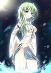  absurdres amane_ruri breasts cleavage detached_sleeves frog green_eyes green_hair hair_ornament highres kochiya_sanae long_hair md5_mismatch medium_breasts skirt skirt_lift snake solo thighs touhou water 