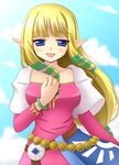  bad_id bad_pixiv_id belt blonde_hair blue_eyes blush dress hair_ribbon hand_on_own_chest highres hinata_mirun long_hair open_mouth pointy_ears princess_zelda ribbon smile solo the_legend_of_zelda the_legend_of_zelda:_skyward_sword 