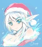  bare_shoulders blue_eyes breasts cleavage elf hat long_hair medium_breasts mel/a original pointy_ears santa_costume santa_hat signature solo upper_body white_hair 