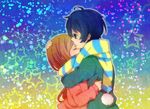  1girl bad_id bad_pixiv_id blue_hair brown_hair child closed_eyes couple hetero hug long_hair mawaru_penguindrum scarf short_hair takakura_himari takakura_shouma utami 