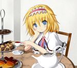 alice_margatroid black_tea blonde_hair blue_eyes bluntspoony blush cake capelet chair checkerboard_cookie cookie cup food hairband hand_on_own_cheek looking_at_viewer plate pocky pov_across_table saucer short_hair sitting smile solo spoon table tea teacup teapot tiered_tray touhou 