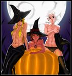  black_legwear black_panties blonde_hair blue_eyes breasts cleavage collarbone covering covering_breasts elf flat_chest full_moon hair_censor hair_over_breasts halloween hat hat_over_one_eye jewelry large_breasts linistic long_hair long_skirt mole moon moonlight multiple_girls navel necklace original panties pointy_ears pumpkin red_hair short_hair skirt stomach thighhighs toned topless underwear white_hair witch_hat yellow_eyes 