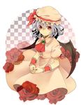  ascot bad_id bad_pixiv_id bat_wings blue_hair checkered checkered_background dress flower hat red_eyes red_flower red_rose remilia_scarlet ribbon rose short_hair smile solo tankensya touhou wings wrist_cuffs 