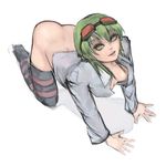  all_fours ass bottomless breasts goggles goggles_on_head green_eyes green_hair gumi medium_breasts no_panties open_clothes open_shirt riftgarret shirt short_hair solo striped striped_legwear thighhighs vocaloid 