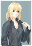  ahoge artoria_pendragon_(all) breasts cleavage fate/zero fate_(series) formal green_eyes hitomi_karera long_hair medium_breasts ponytail saber solo suit 