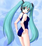  adjusting_clothes adjusting_swimsuit aoya_(hoshixii) green_eyes green_hair hatsune_miku headphones headset long_hair looking_back one-piece_swimsuit solo swimsuit twintails very_long_hair vocaloid 
