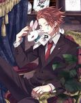  animal animal_on_shoulder bow bowtie brown_hair bunny card card_in_mouth chair earrings facial_mark formal highres hisoka_(hunter_x_hunter) hunter_x_hunter jewelry joker looking_at_viewer male_focus mouth_hold necktie playing_card red_eyes ring sitting smile solo star suit tassel yellow_eyes zoff_(daria) 