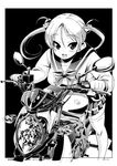  bakuon!! blush greyscale ground_vehicle monochrome motor_vehicle motorcycle no_headwear no_helmet open_mouth orimoto_mimana school_uniform serafuku solo suzuki_(company) suzunoki_rin thighhighs twintails 