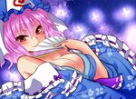  bare_shoulders blue_dress blush breasts bug butterfly cleavage dress fan floral_print folding_fan hat insect large_breasts looking_at_viewer no_bra off_shoulder pink_hair red_eyes roki_(hirokix) saigyouji_yuyuko seductive_smile smile solo touhou veil 